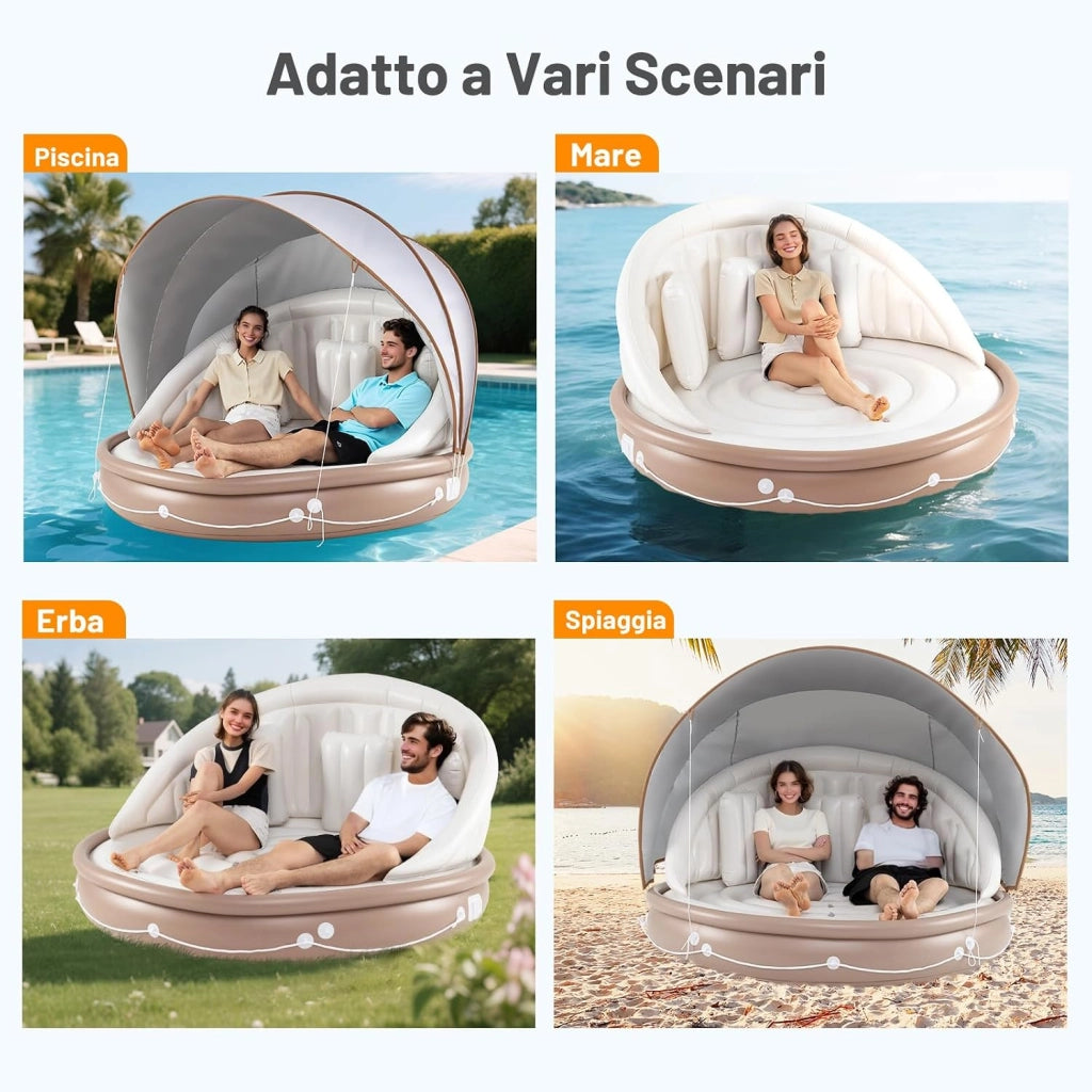 Isola Gonfiabile da Piscina, Lounge Gallegiante con Ombra Retrattile e Rimovibile, Dotato di 3 Cuscini, Materasso Gonfiabile Pieghevole e Portatile per 2 Persone, Portata 180 kg