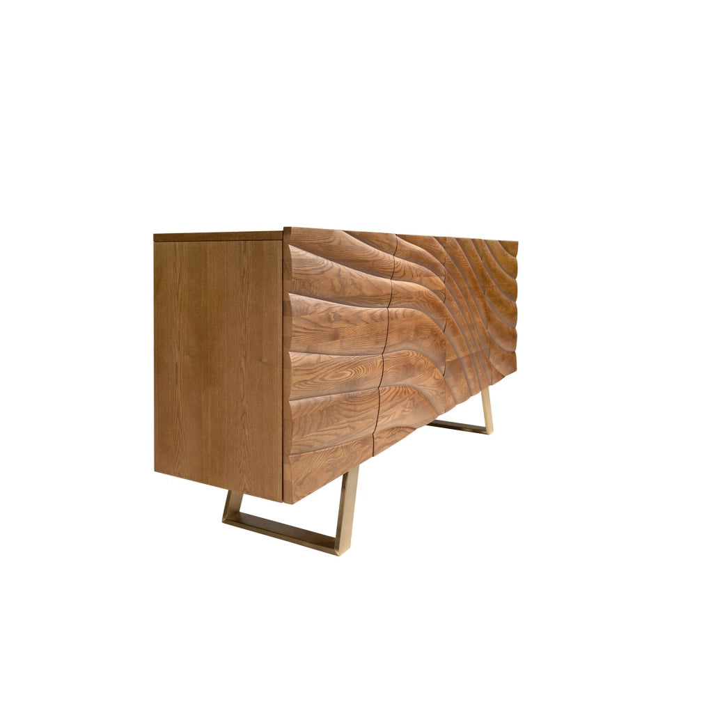 Credenza in noce chiaro e acciaio lucidato color oro