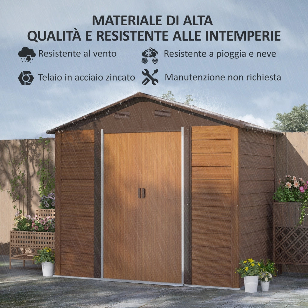Casetta da Giardino Porta Attrezzi con Doppia Porta Scorrevole 236x196x208 cm con Pannelli in Acciaio Effetto Legno
