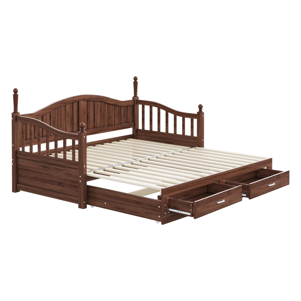 OKWISH Letto Divano Estraibile 90×190 cm, Letto Singolo con 2 Cassetti, Schienale Curvo e Braccioli, senza Materasso, in Legno, Noce
