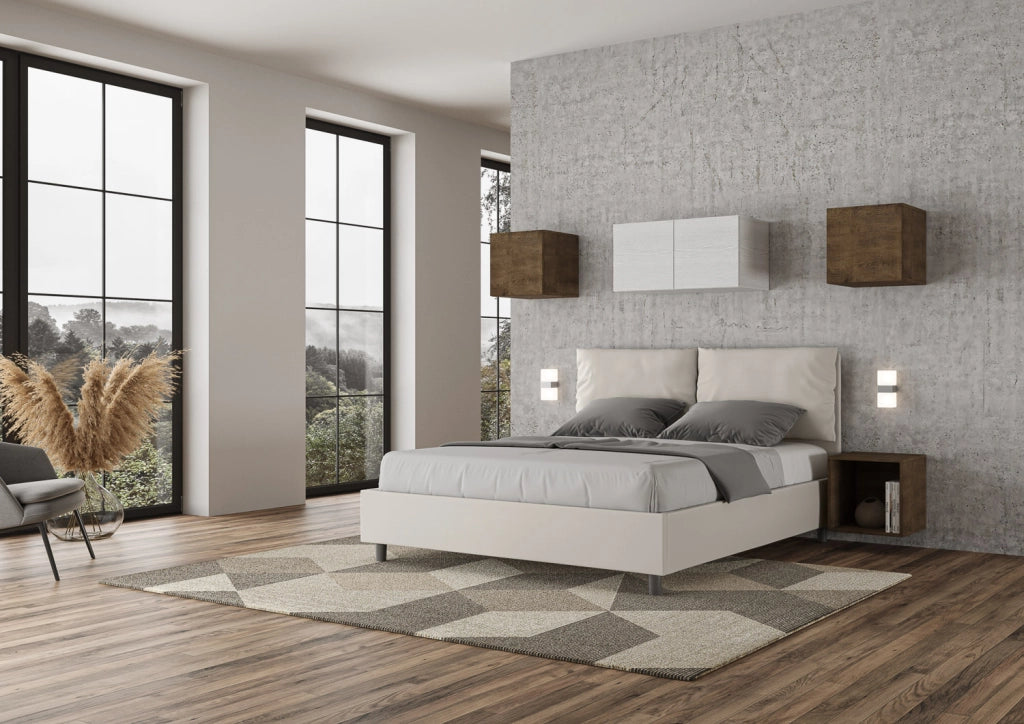 Letto Matrimoniale 160x200 cm con Rete e Contenitore con Alzata Comoda Imbottito in Similpelle Antea Bianco