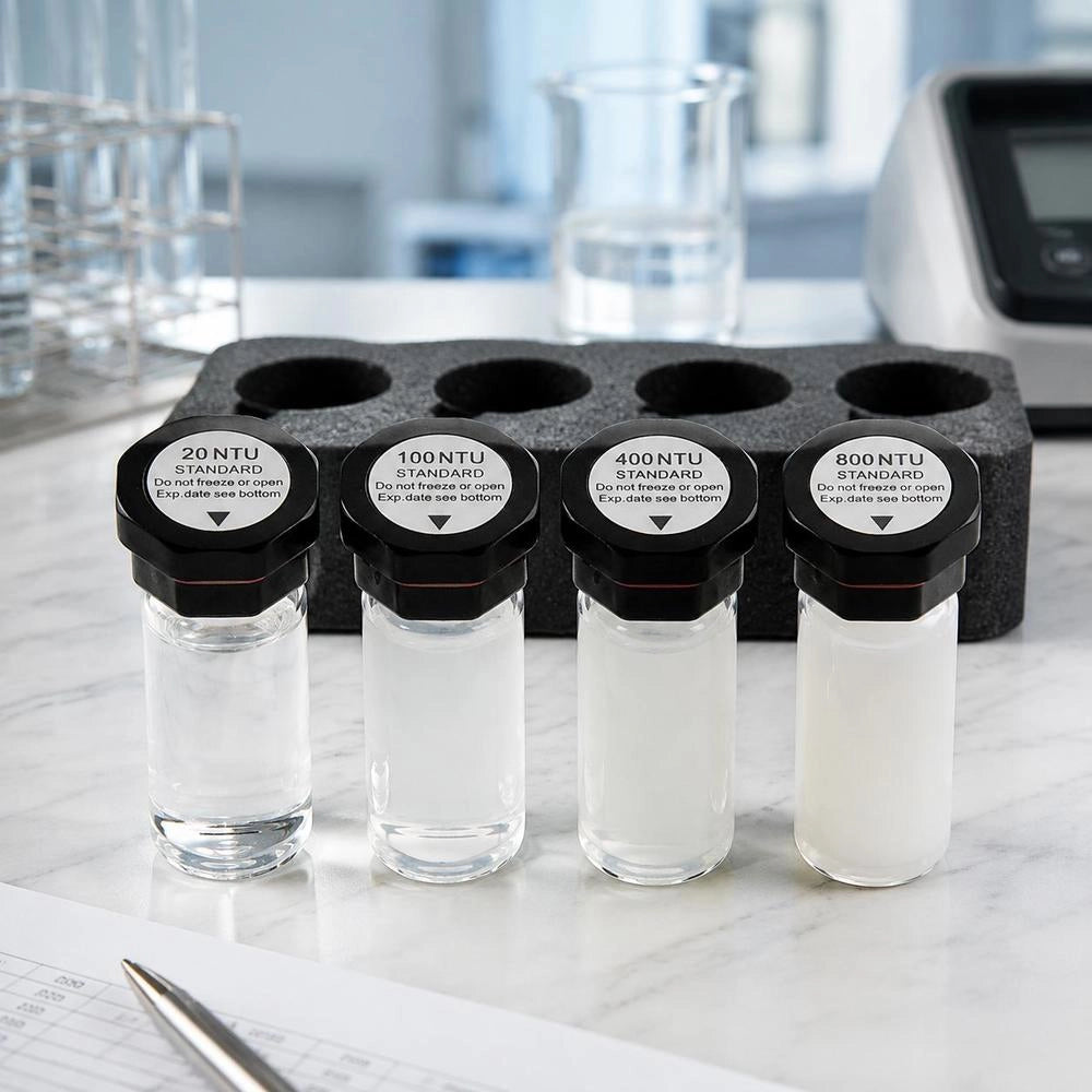 Turbidity Calibration Solution Kit 20/100/400/800 NTU, 20 Ml Each, 4 Pcs. Standard Turbidity Solution Refill For TN1000 Turbidity Meter, Shock-resistant Protective Insert, Sealed Bottle Design