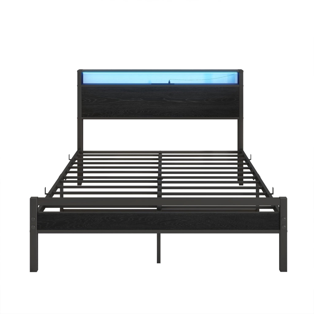 Letto 140x200 con contenitore, struttura in metallo, porta USB e illuminazione LED, testiera con vani, letto moderno per cameretta o ospiti