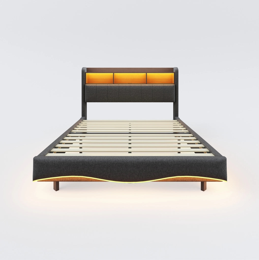 LETTO Imbottito 160x200 cm Grigio con LED, USB e Type-C