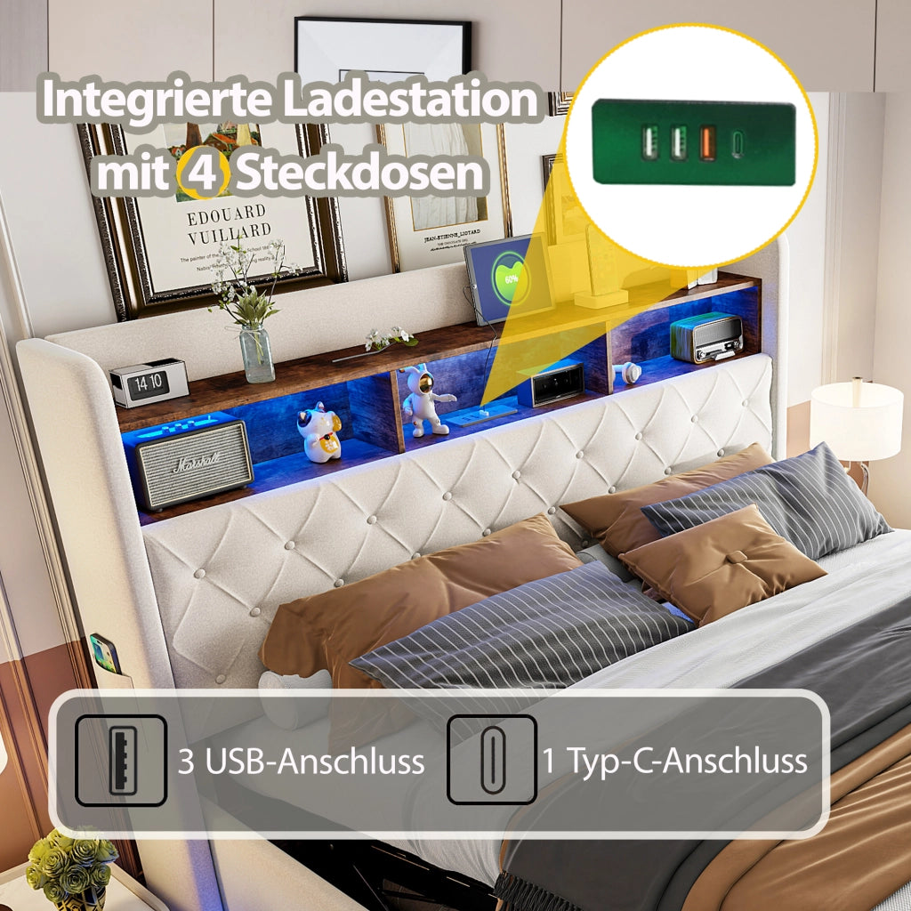 Letto Matrimoniale 180 x 200 cm; Contenitore; USB; LED Multicolore in Beige