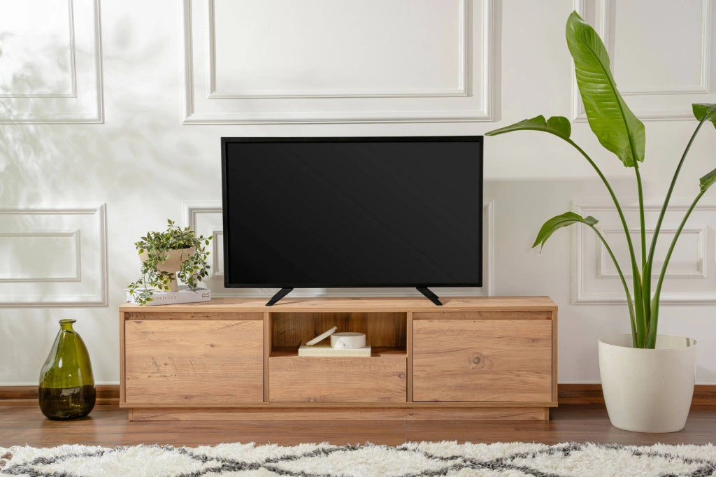 Mobile porta TV Morrigan, Credenza da soggiorno, Armadio basso per TV, Base parete attrezzata, 160x30 h42 cm, Pino