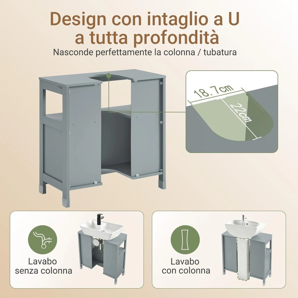 Mobile Bagno Sottolavabo Salvaspazio - Armadietto con 2 Ante Scorrevoli e Ripiano Aperto - Mobiletto Lavandino Compatto per Bagno Moderno Piccolo - Grigio, 60x30x60cm, FRG128-II-SG