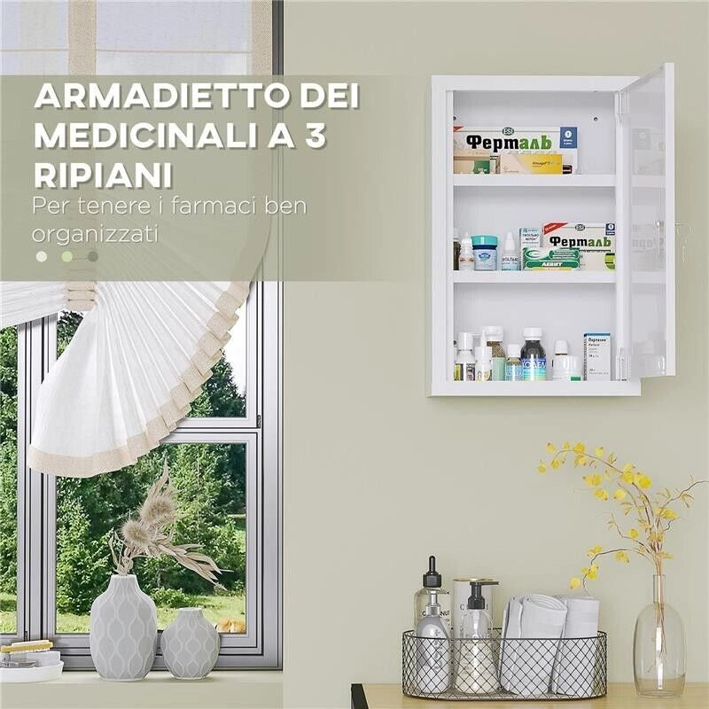 ARMADIETTO MEDICINALI A 3 RIPIANI IN ACCIAIO INOX CON 2 CHIAVI E MONTAGGIO A PARETE, 30X14X46 CM, BIANCO