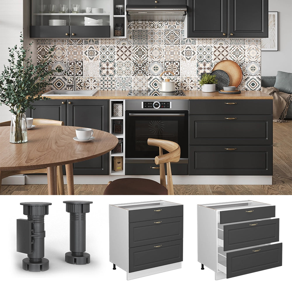 Mobiletto base per cucina Fame-Line Antracite-oro/Bianco 80 cm con 3 cassetti, PL Rovere Vicco