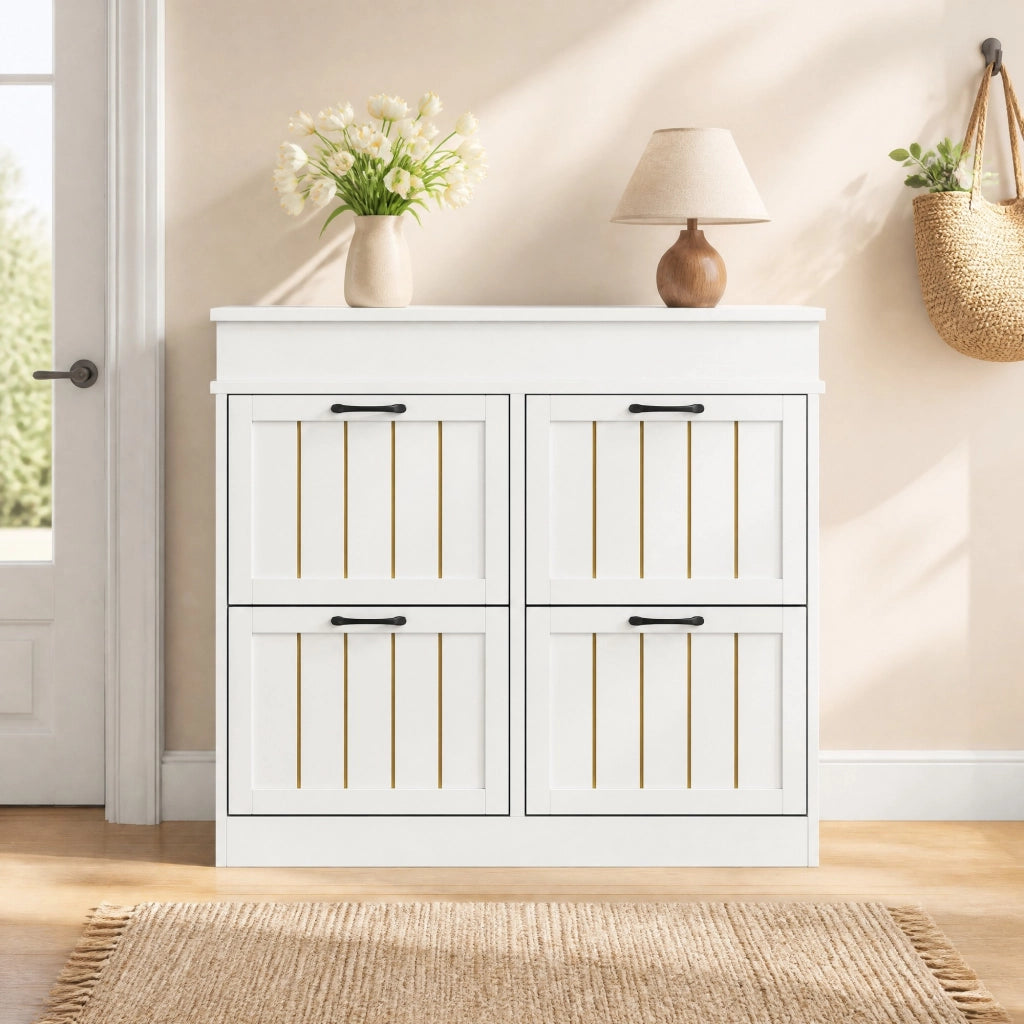 Scarpiera salvaspazio con 4 ante a ribalta, 8 ripiani, struttura in MDF, bianco, 105 x 24 x 83 cm
