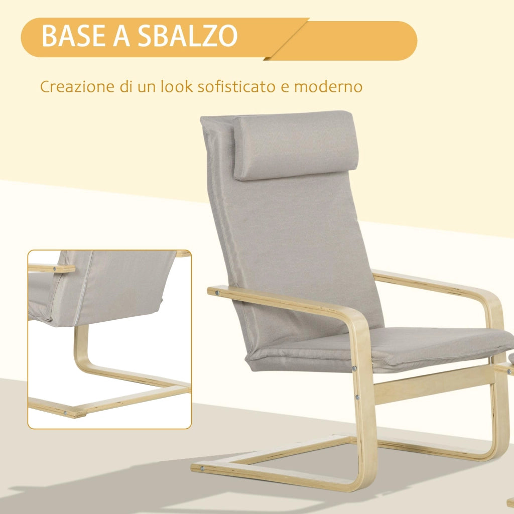 Poltrona Relax con Pouf 67x69x100 cm Cuscino Poggiatesta in Tessuto Effetto Lino Grigio