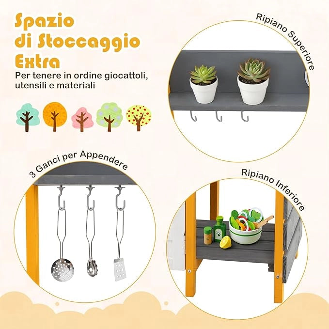 Cucina Giocattolo in Legno, Cucina per Bambini all'Aperto con Fornelli, Lavabo Rimovibile, Rubinetto, Forno, Ganci Appesi e Mensole Portaoggetti, Set di Gioco in Legno per Bambini 3+ Anni