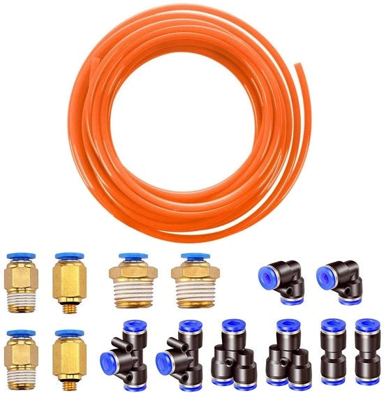 Slang Pneumatico Flexibile - 10 Metri - Orizzontale - Inclusi Fitting - Adatto per Compressori Aria - Colore Arancione