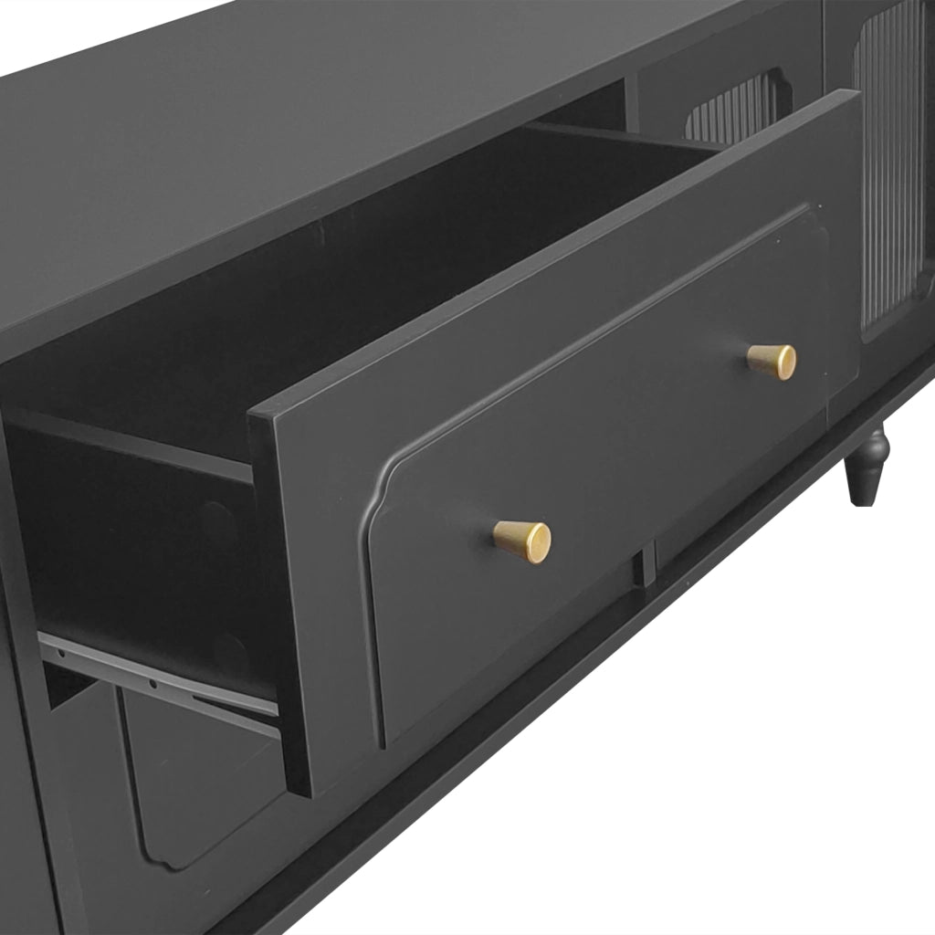 Mobile TV 175x38x55;5 cm; porte in vetro rigato e cassetti push-to-open; truciolare nero