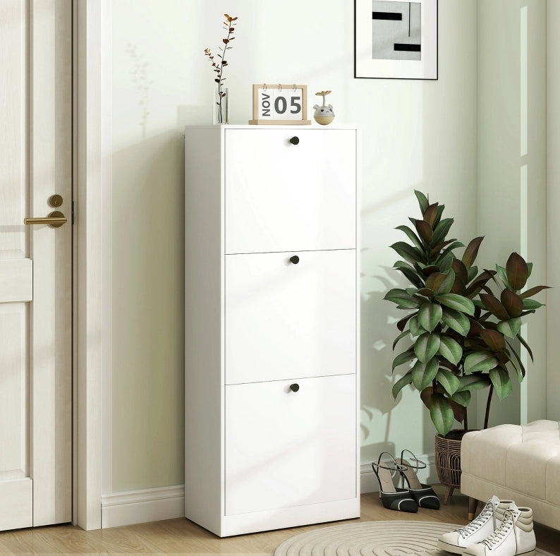 Scarpiera slim bianca a 3 ante ribalta, 47 x 26 x 120 cm