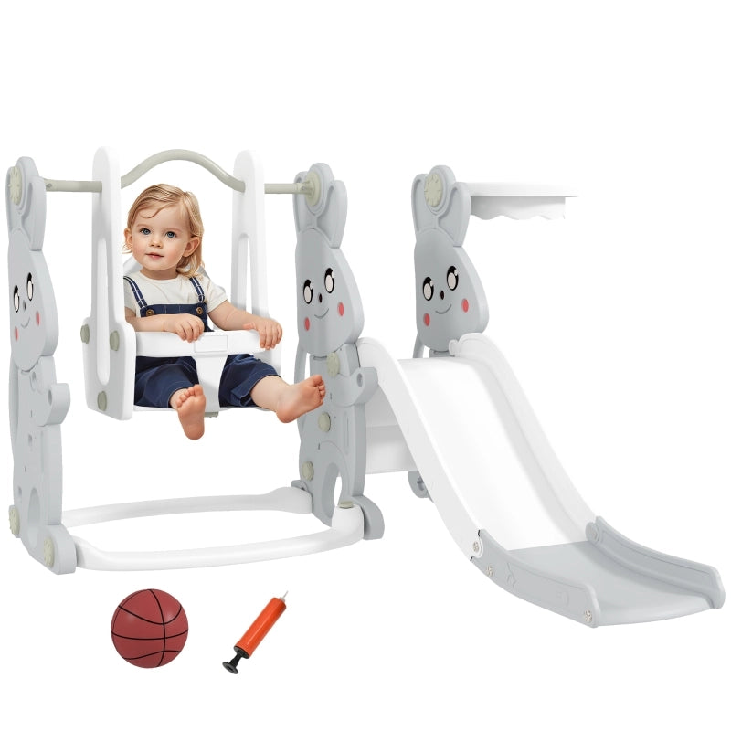 Set giochi 4 in 1 per bambini con scivolo, altalena, struttura da arrampicata e canestro, grigio