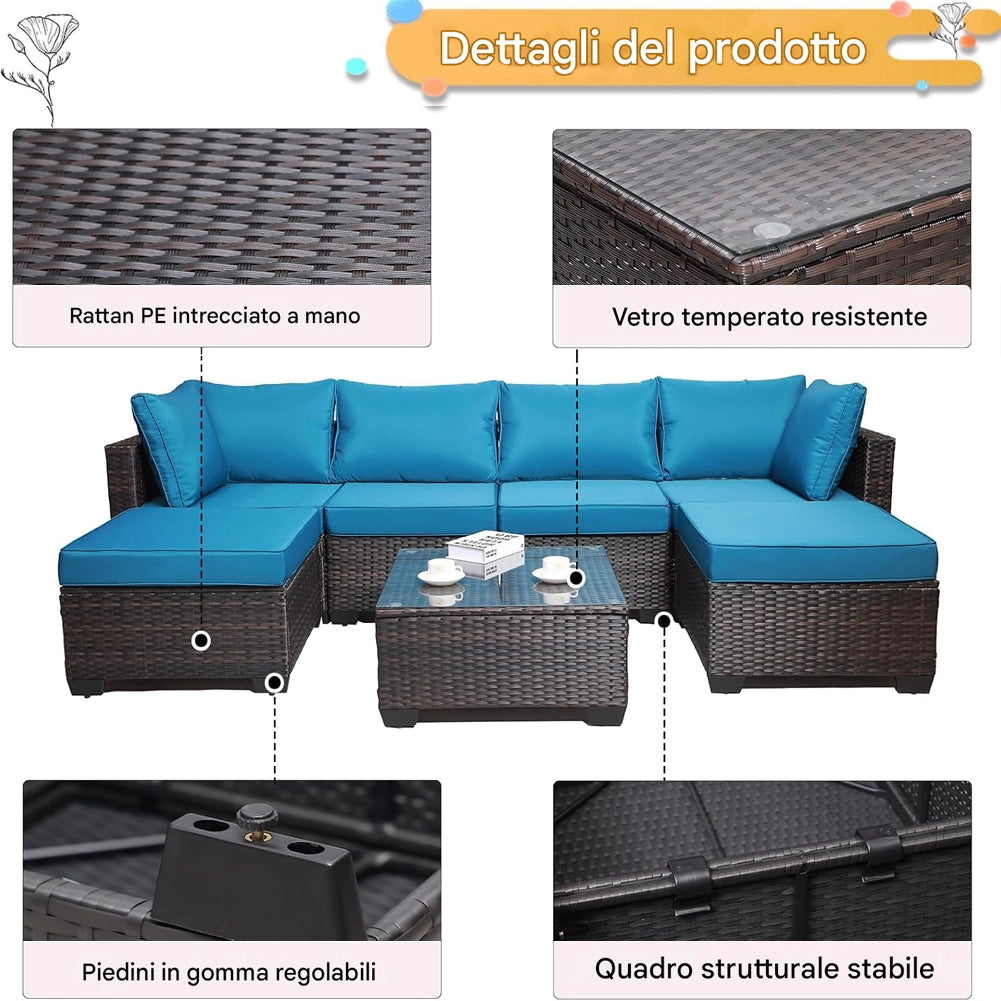 Set Patio Divano Modulabile da Esterno in Polyrattan con Cuscini Blu da Giardino