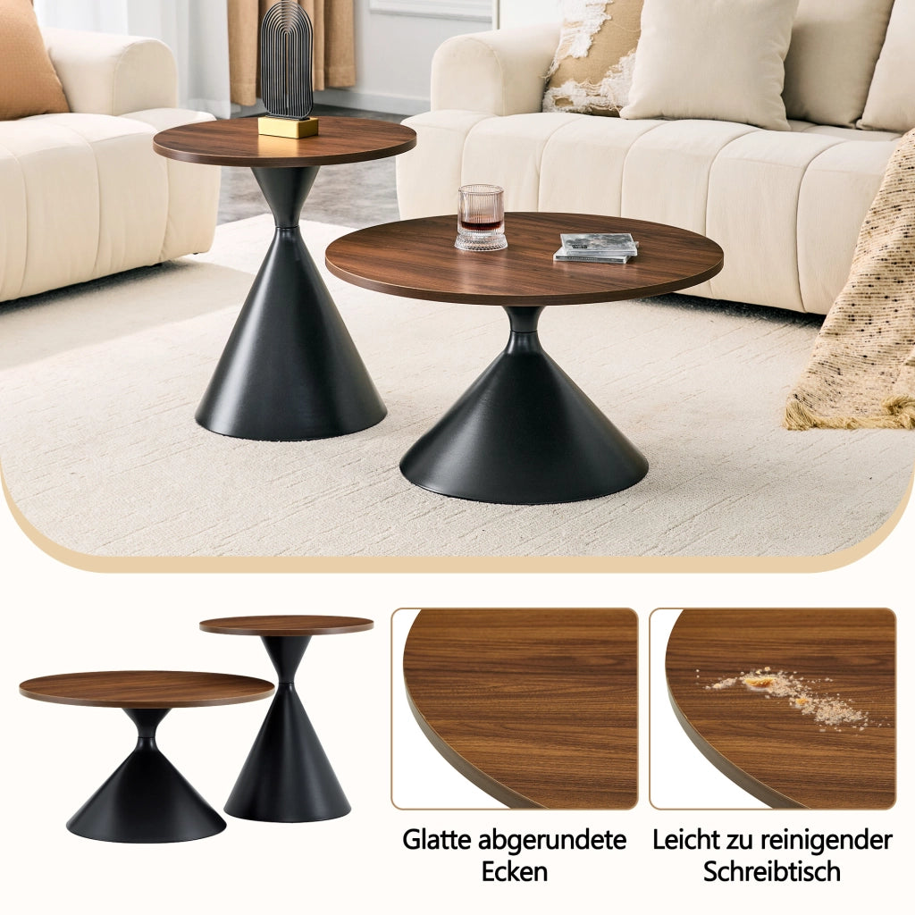 Tavolini bassi impilabili set da 2 con piano effetto noce e base conica in metallo nero per soggiorno e ufficio