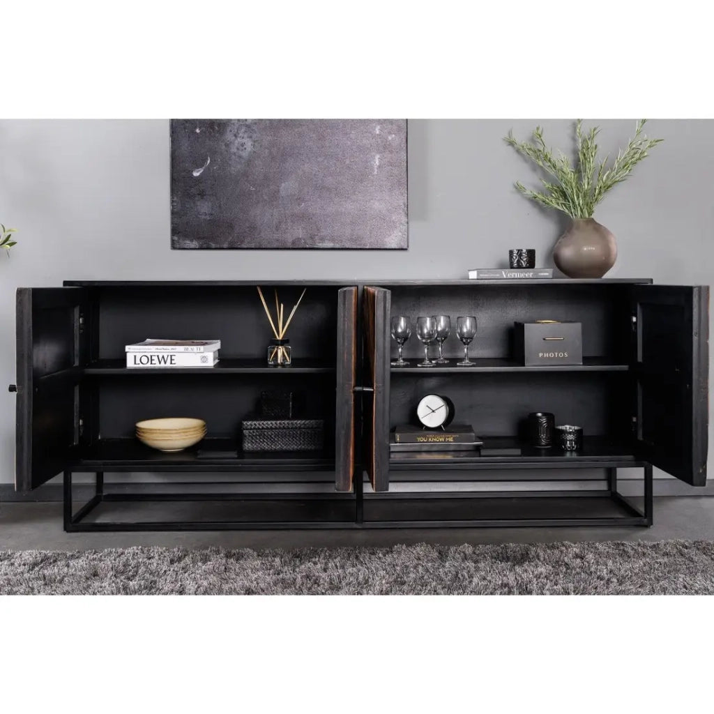 Buffet RAOKA 180 cm in legno massiccio di mango e teak – Motivo solare scolpito
