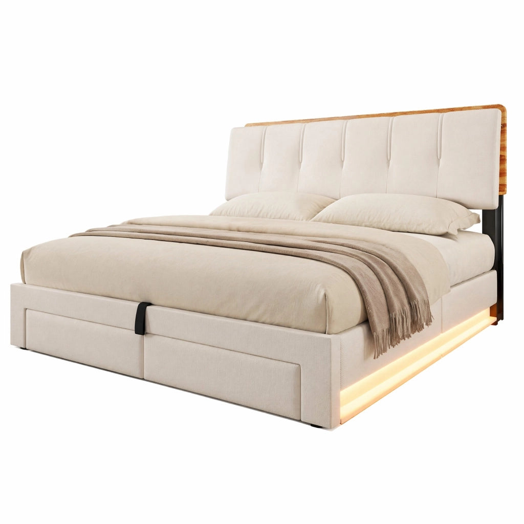 Letto matrimoniale imbottito 180x200 cm in lino beige con contenitore; USB e LED