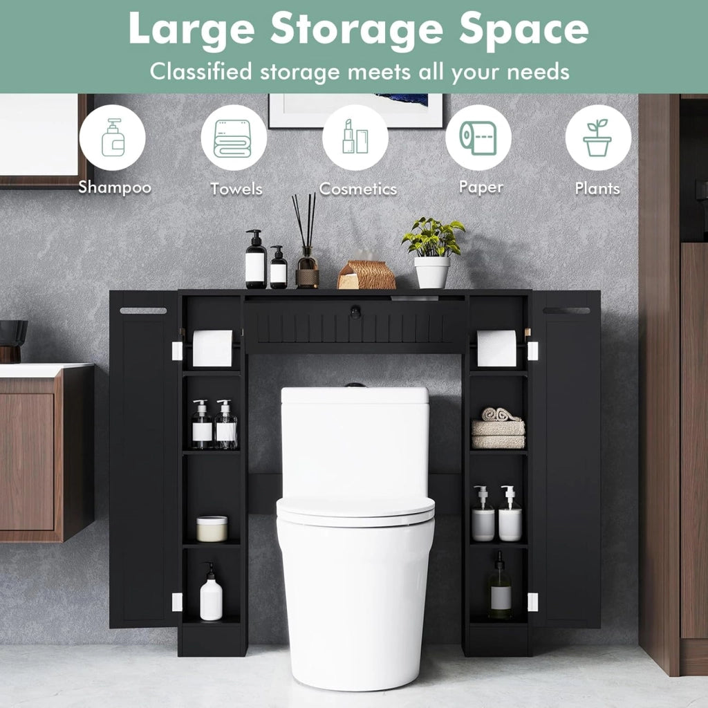Mobile per Lavatrice, Mobile sopra Toilette, Mobiletto Bagno sopra Toilette, Armadietto da Incasso, in Legno, con Anta, Bagno Salvaspazio, con Porta Carta Igienica (Nero)