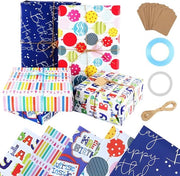 Pacco regalo per bambini - Carta da imballaggio 10 pezzi 50 x 70 cm - 5 modelli - Set di compleanno con etichette, nastri e filo per legare - Carta adesiva doppia - Carta da imballaggio per infanzia.