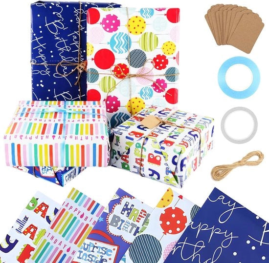 Pacco regalo per bambini - Carta da imballaggio 10 pezzi 50 x 70 cm - 5 modelli - Set di compleanno con etichette, nastri e filo per legare - Carta adesiva doppia - Carta da imballaggio per infanzia.