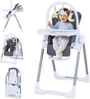 Seggiolone Pappa Portatile, con Altezza Regolabile, Schienale Reclinabile e Vassoio Rimovibile, Seggiolone Evolutivo Pieghevole con Cintura e 2 Ruote, per Bambini 6-36 Mesi (Grigio Scuro)