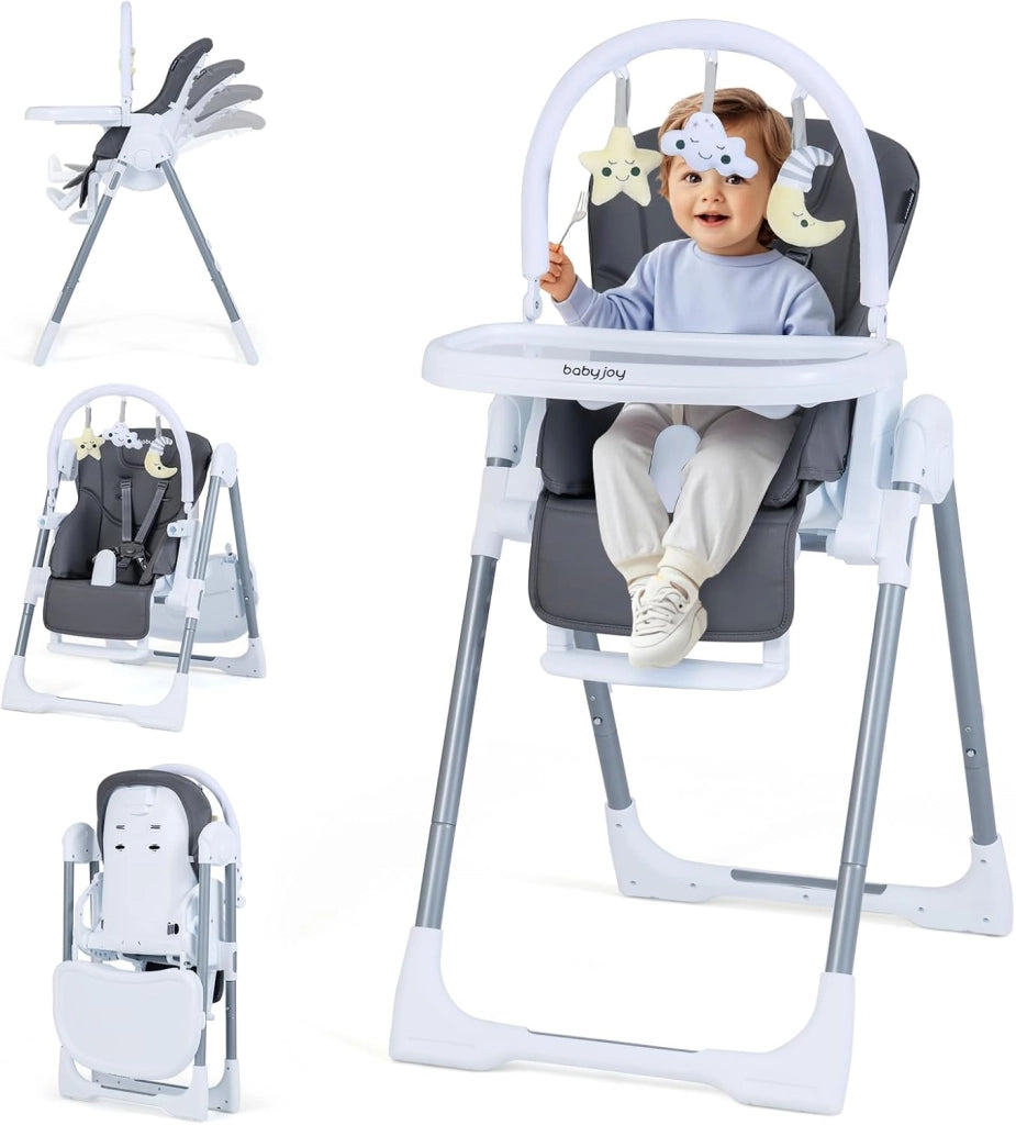 Seggiolone Pappa Portatile, con Altezza Regolabile, Schienale Reclinabile e Vassoio Rimovibile, Seggiolone Evolutivo Pieghevole con Cintura e 2 Ruote, per Bambini 6-36 Mesi (Grigio Scuro)