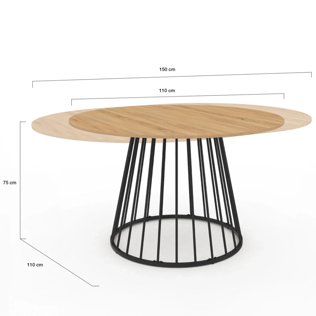 IDMarket - Tavolo da pranzo rotondo allungabile YUNA 4-8 persone con piano in legno e gamba in filo metallico nero 110 - 150 cm