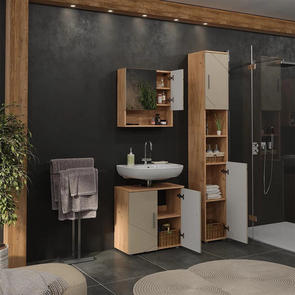 Set di mobili da bagno Irma, Beige, 60 cm, composto da mobile sottolavabo, specchiera e colonna alta