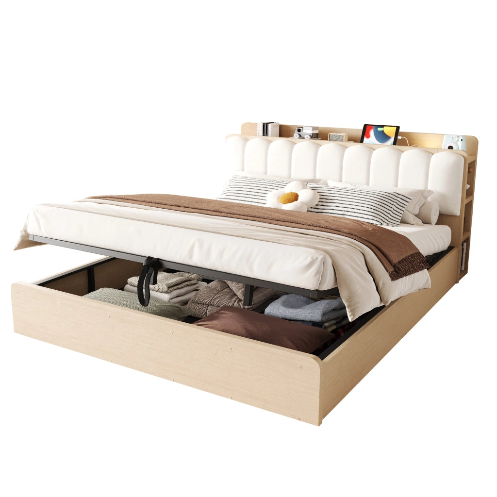 Letto Matrimoniale 180 x 200 cm Contenitore con porte USB; luce notte e mensole in Legno
