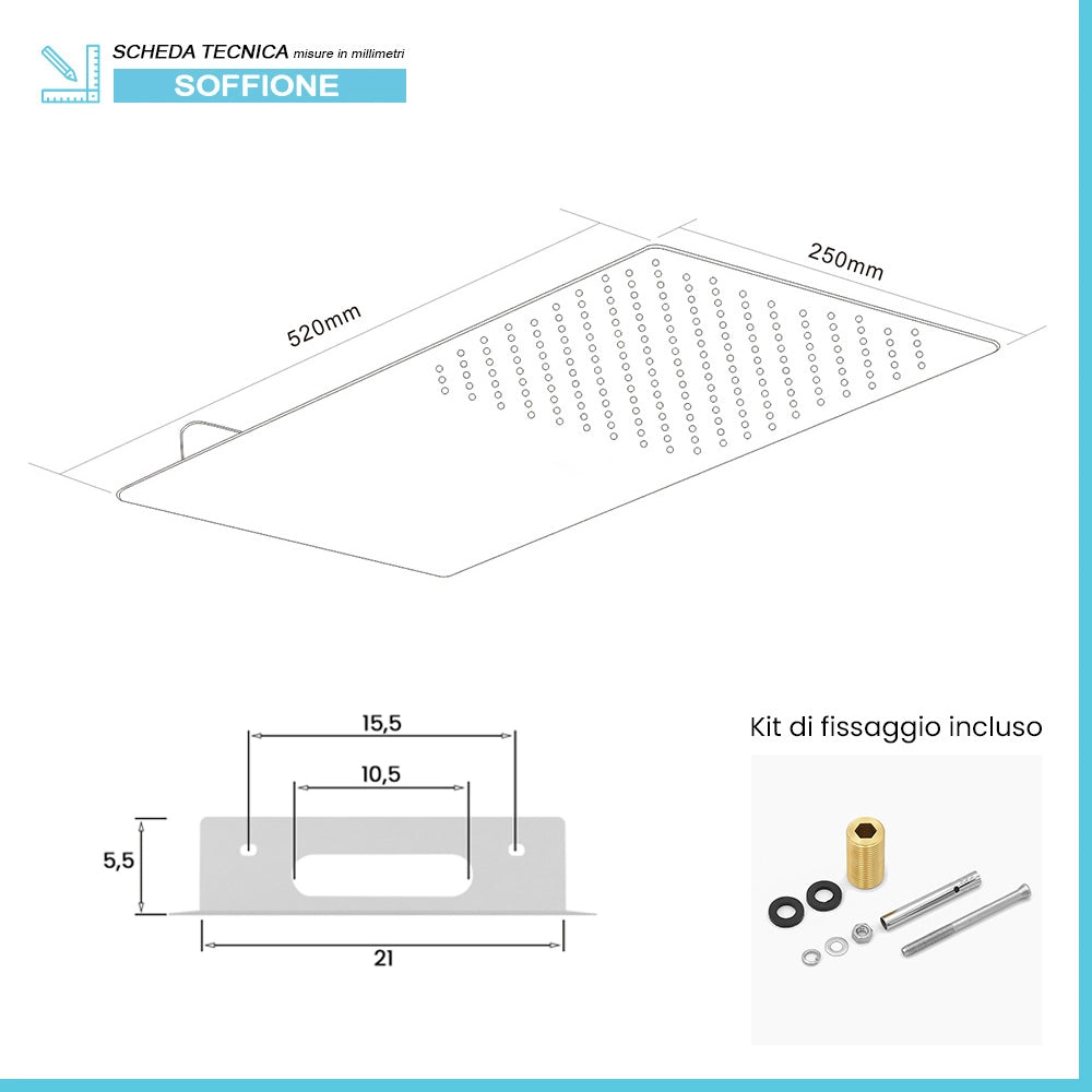 Soffione doccia a sbalzo slim 25x52 cm cromato in acciaio inox