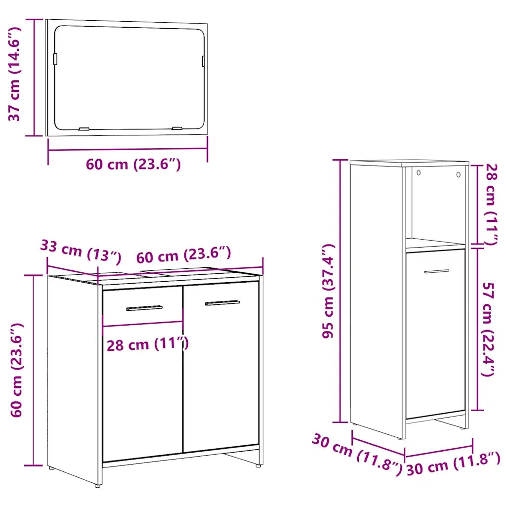 Set Mobili da Bagno 3 pz Rovere Artigianale Legno Multistrato