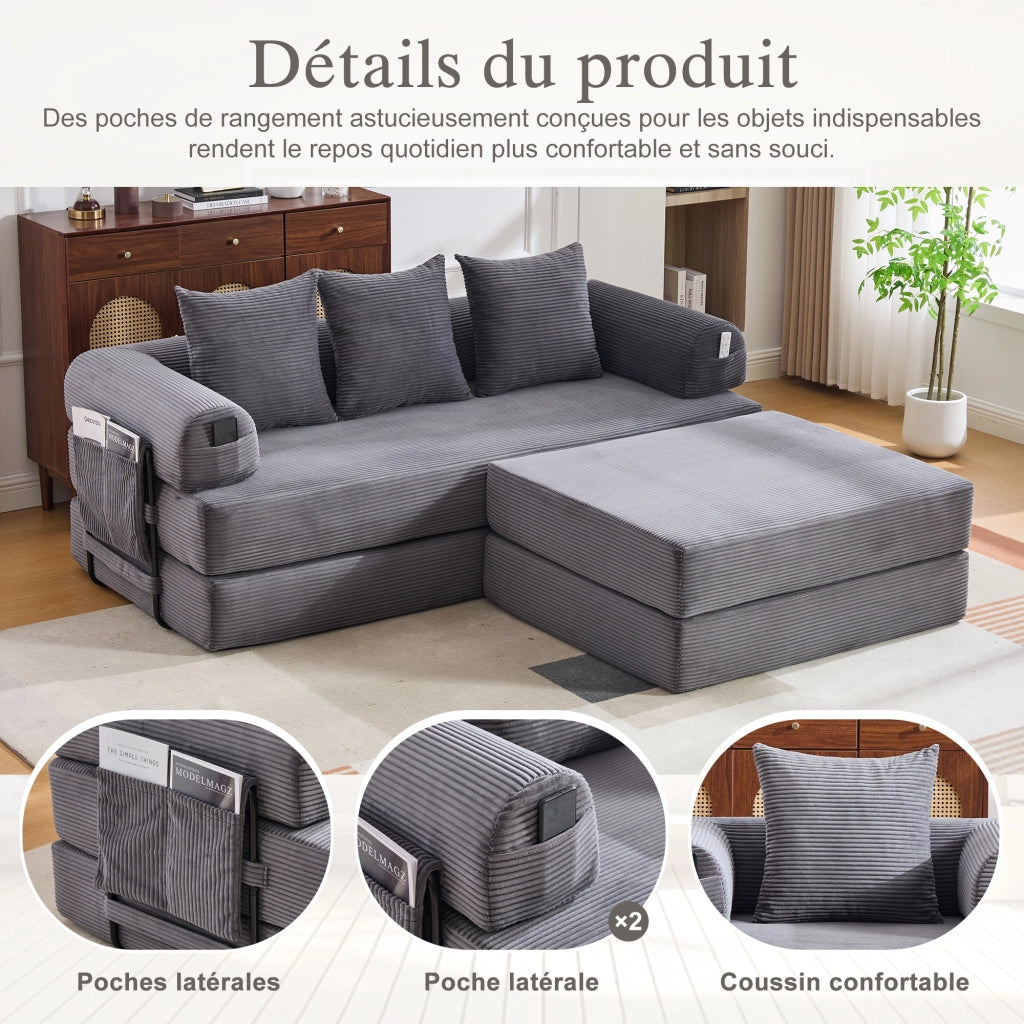 Divano modulare in velluto a coste con tasca laterale e 3 cuscini, struttura in metallo, grigio scuro, design moderno