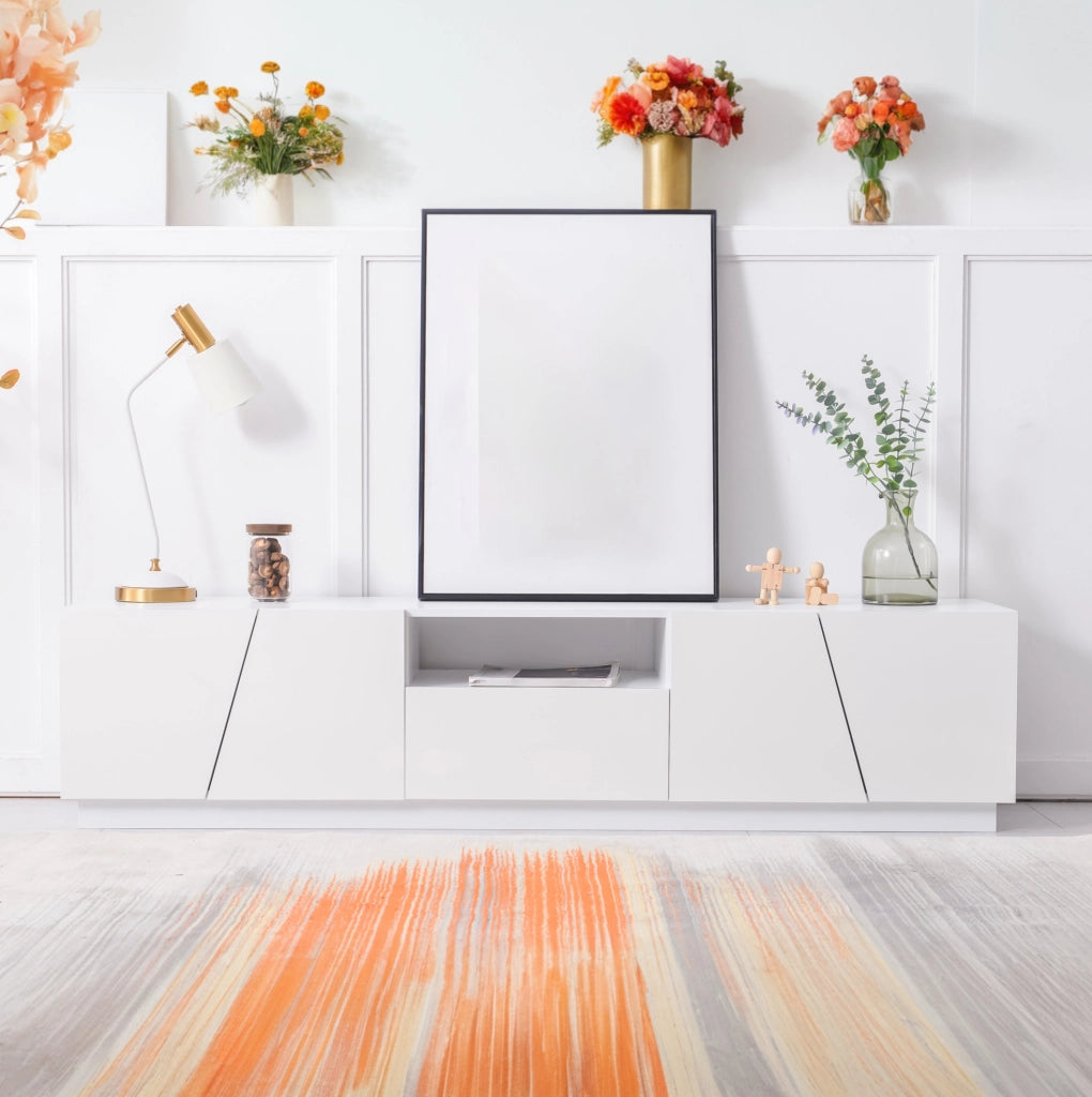 Mobile TV moderno 170x42x37 cm con 4 ante e 2 vani aperti in MDF bianco