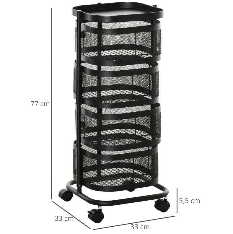 Carrello cucina con 4 ripiani girevoli e ruote, nero, 33x33x77 cm