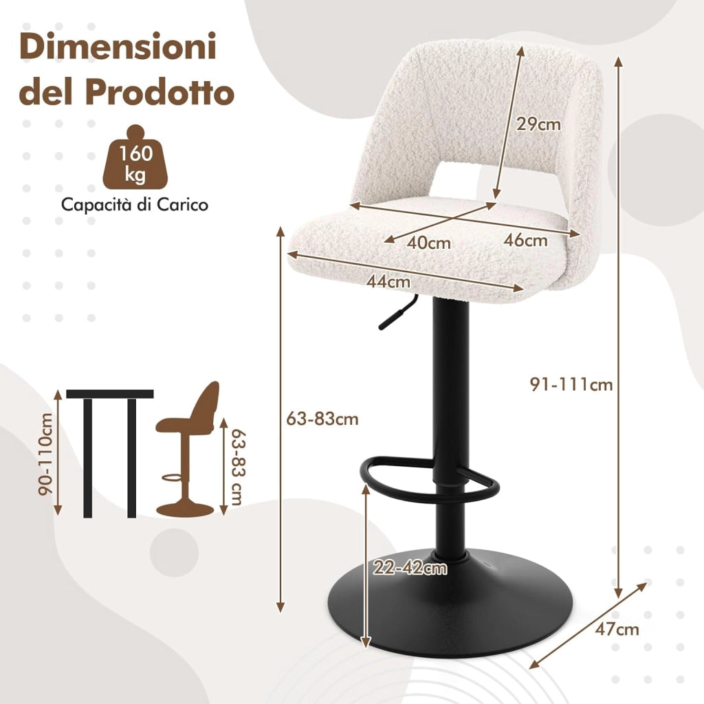 Set 2 Sgabelli da Bar in Tessuto 111cm, Sgabelli Regolabili e Girevoli con Schienali e Poggiapiedi, Sedie per Cucina ad Isola e Sala da Pranzo, Bianco