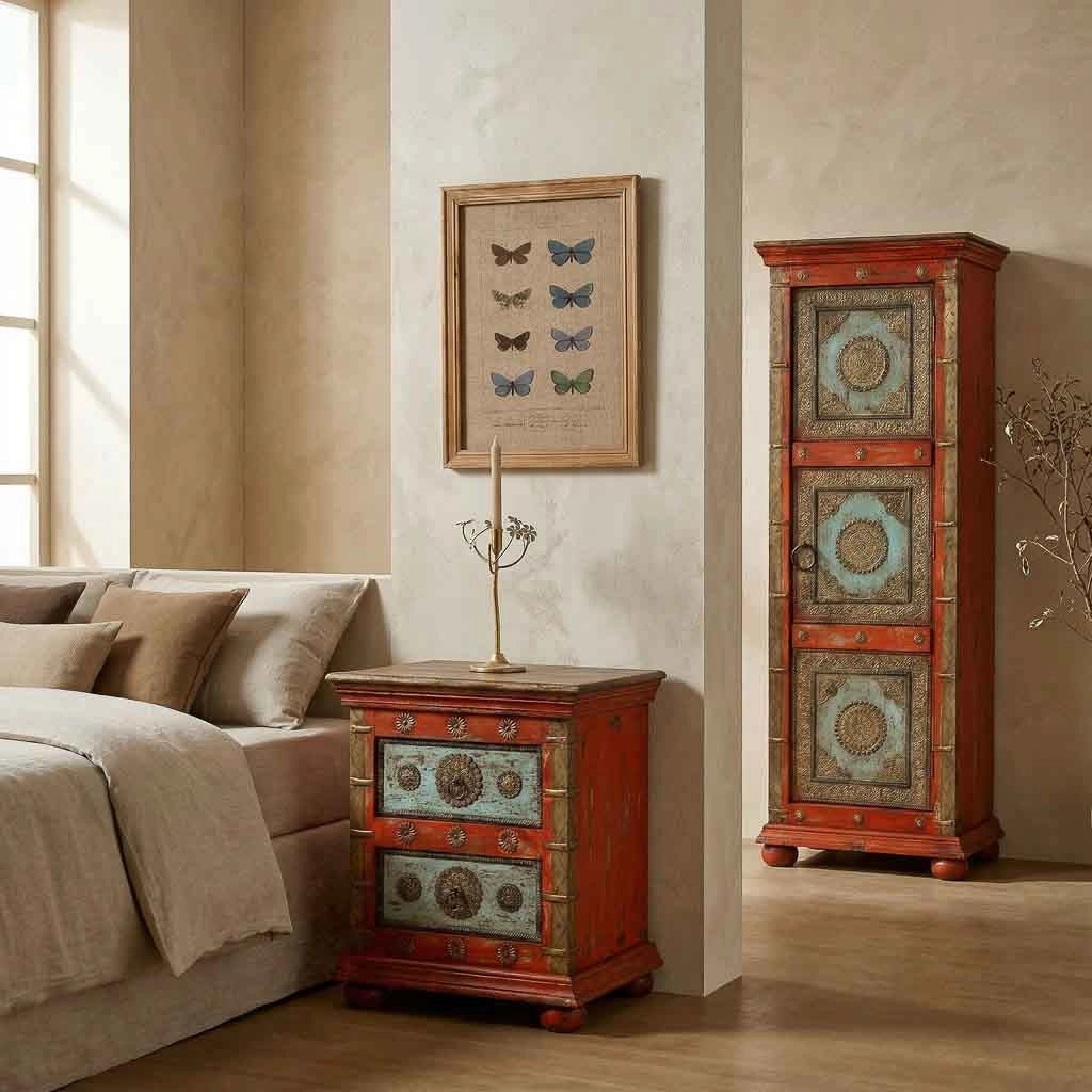 Comodino in legno rosso, realizzato a mano, 50x40x59 cm