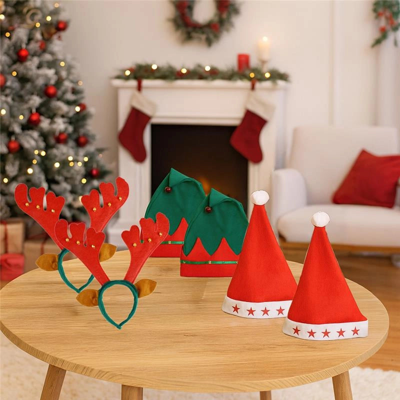 MAURY'S SET DI 2 CERCHIETTI RENNA DI NATALE, DUE CAPPELLI DA ELFO E DUE CAPPELLI DA BABBO NATALE CON LUCINE LED