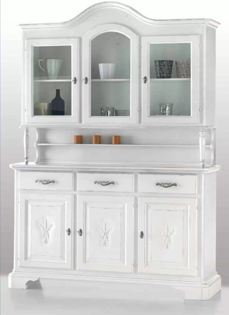 Cristalliera 3 porte classica sagomata spiga legno shabby bianco 163x49x228 - Mobili 2G