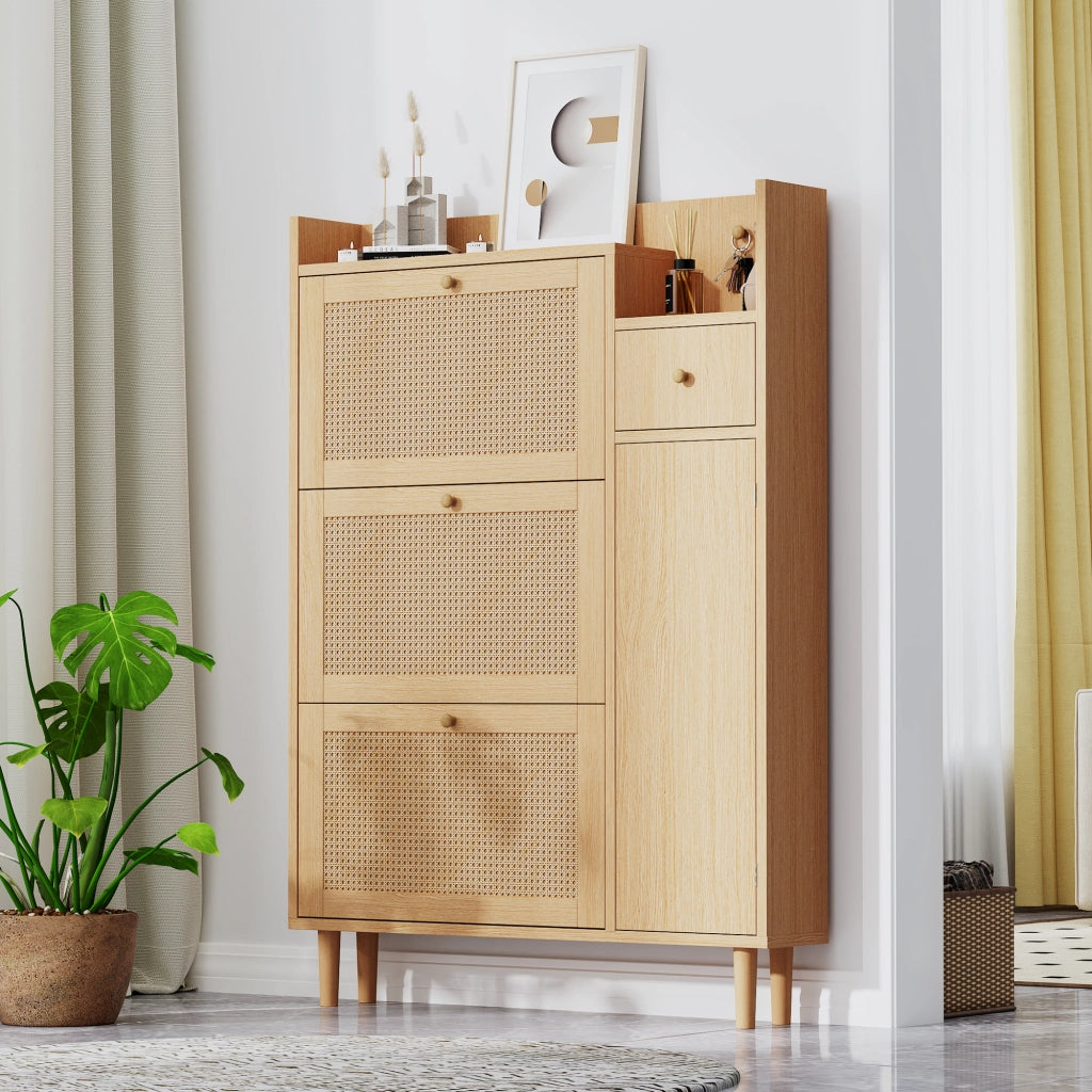 Armadio portascarpe salvaspazio in MDF con ante a ribalta, 1 cassetto e piedini in legno, colore naturale, 90 x 125 x 17 cm