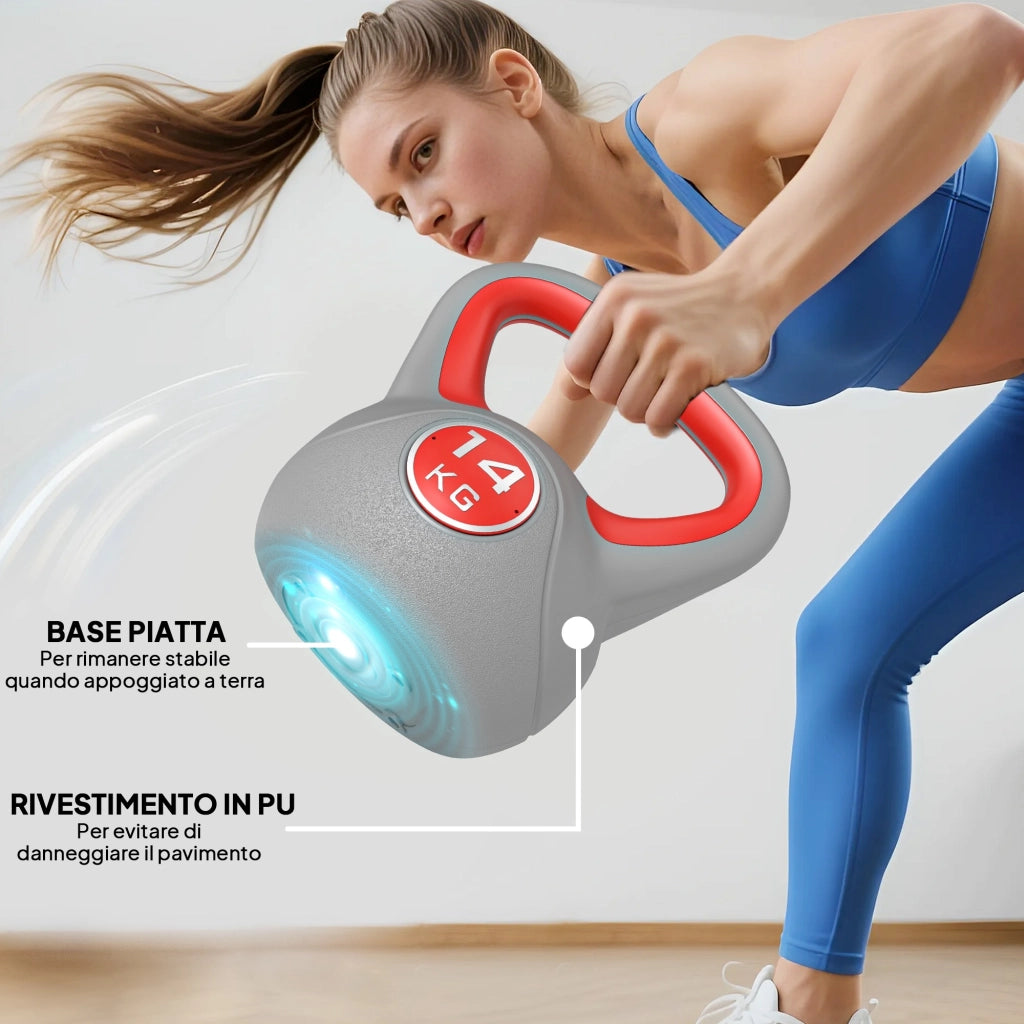EasyComfort Kettlebell 14kg in PU e Sabbia con Base Piatta e Impugnatura per Stacchi, Squat e Sollevamenti, 26x18x32 cm, Rosso