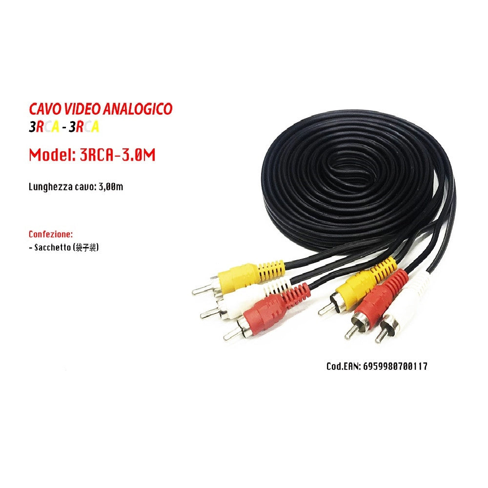 Trade Shop - Cavo Prolunga 3mt Audio Video Analogico 3 Rca-3rca Maschio Stereo Dvd Tv Pc -