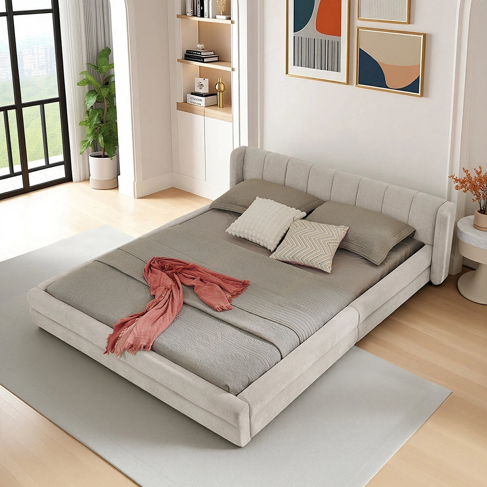 Letto Matrimoniale 140x200cm - Xylo - Testiera Chenille e Struttura Eucalipto/Ferro Beige