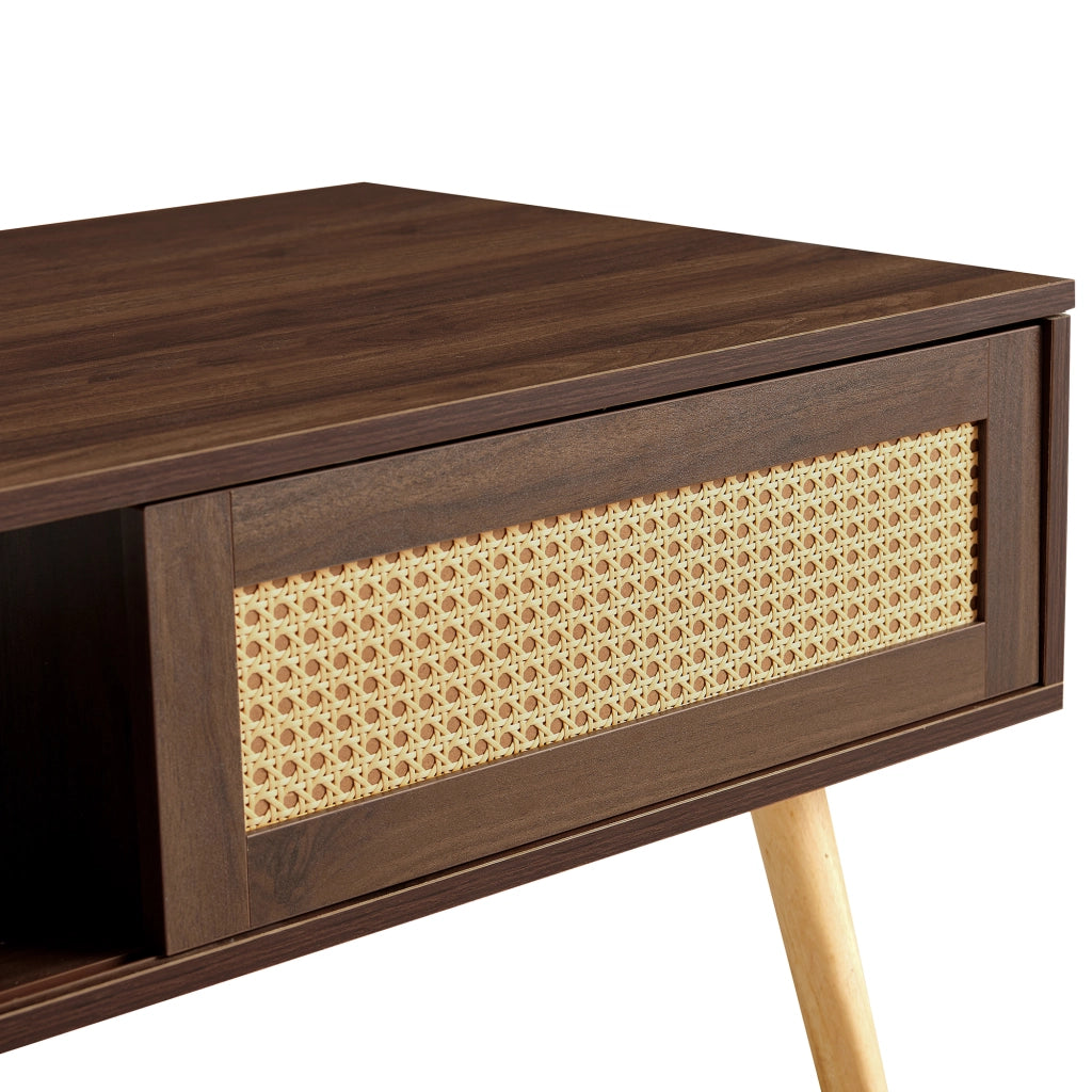 Tavolino da salotto in rattan con porta scorrevole; gambe in legno massello; stile naturale; per soggiorno; marrone; MDF