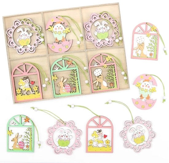 Decorazione di Pasqua 18 pezzi - Tappeti di Pasqua in legno - Decorazione appesa di Pasqua - Pasqua con coniglio/oca/uovo - Decorazione di primavera - Avvertenza di sicurezza