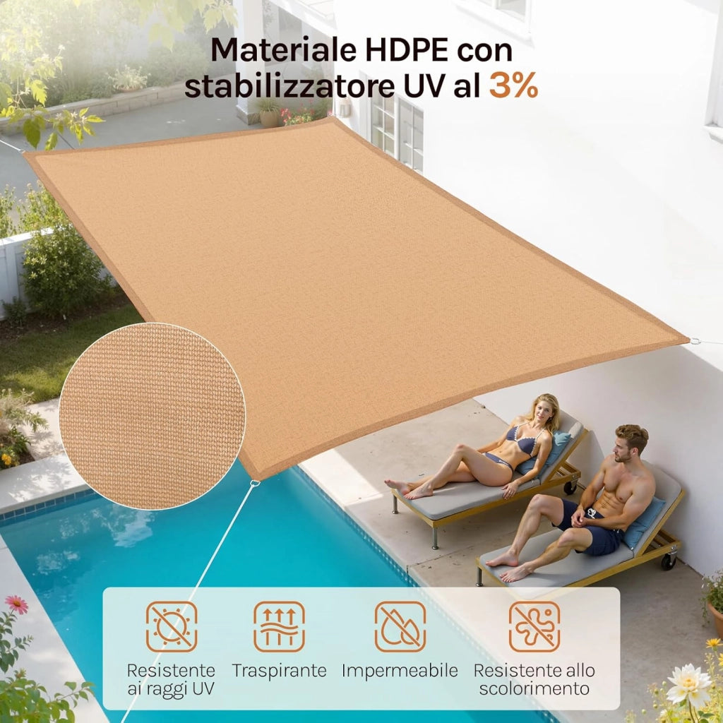 GZS1188sd9 Tenda a Vela Parasole Rettangolare Telo da Sole in HDPE Protezione Solare Respirante Anti UV Giardino Esterni Sabbia 5x7m