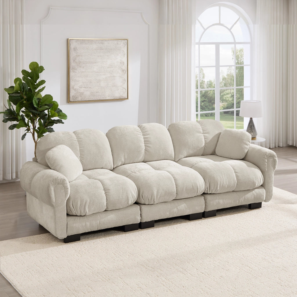 Divano modulare con cuciture trapuntate e cuscini spessi per soggiorno in chenille grigio chiaro 260 × 86 × 90 cm