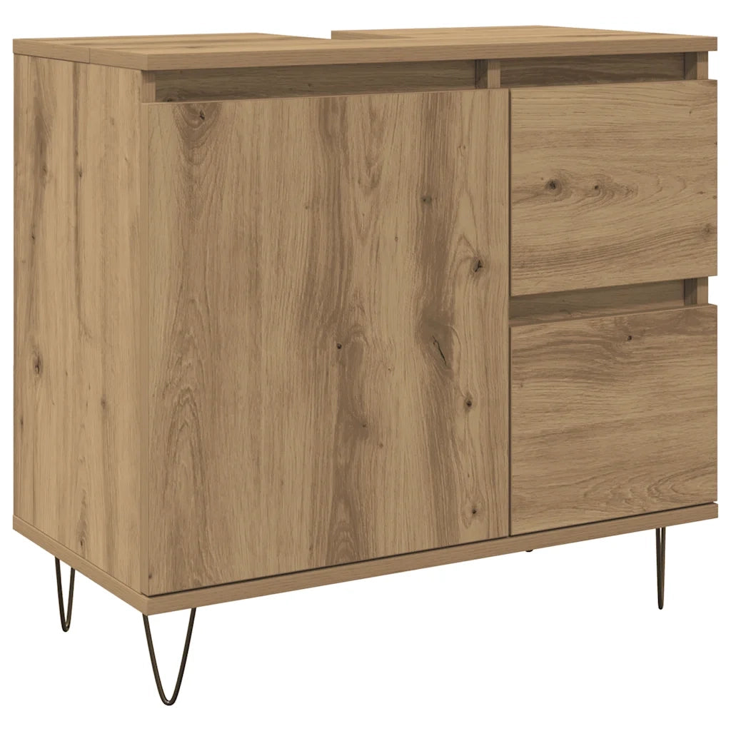 Mobiletto da bagno pratico e industriale 65 x 33 x 60 cm in legno di rovere lavorato a mano 02_0051107